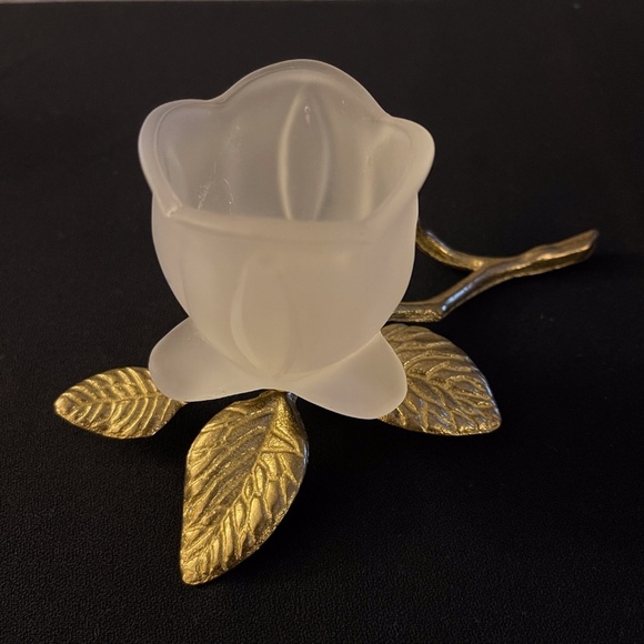 Other - ROSE & STEM CANDLE HOLDER - Frosted Glass Brass - Votive - Vintage